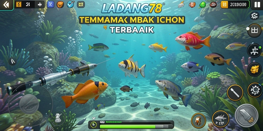 Screenshot LADANG78 menunjukkan karakter menangkap ikan dengan semangat.