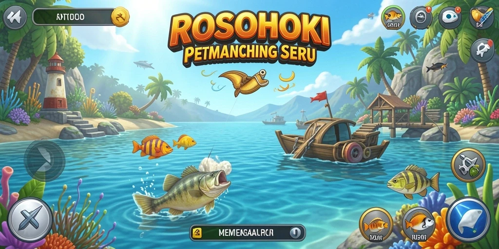 Tampilan gameplay ROSOHOKI menampilkan petualangan memancing yang mendebarkan.